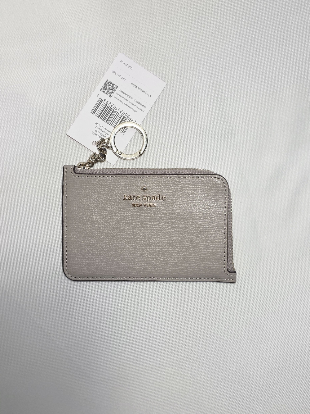 Kate Spade New York Gray Pebbled Leather L-Zip Card Holder Wallet Keyring NWT